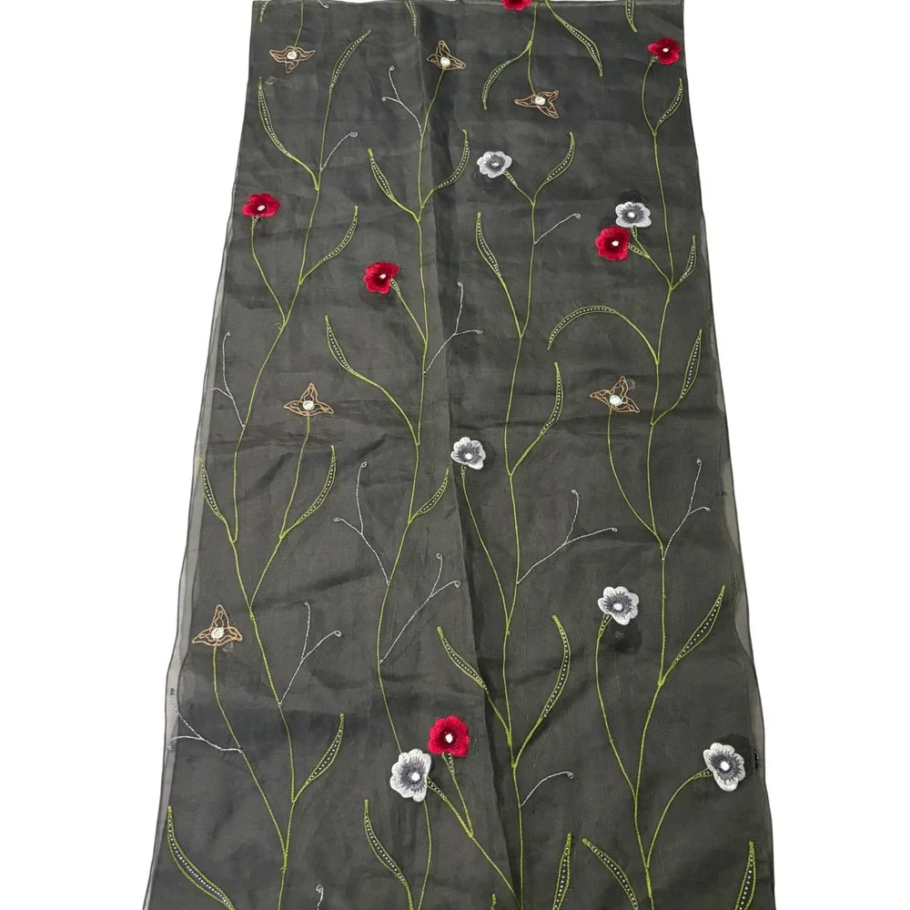 Chetta B Evening Black 100% Silk Embroidered Floral Beaded Sequin Scarf Wrap